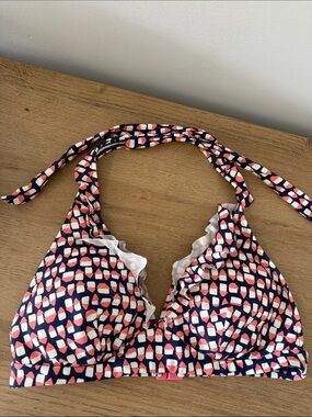 Boden Navy, Pink & White Ruffle Halter Bikini Top